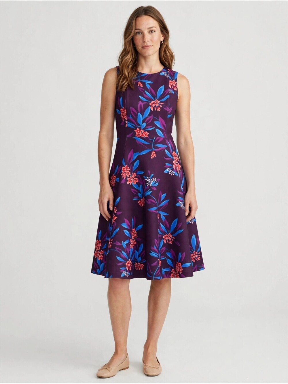Calvin Klein Sleeveless Floral Fit and Flare Midi Dress Purple Size 2